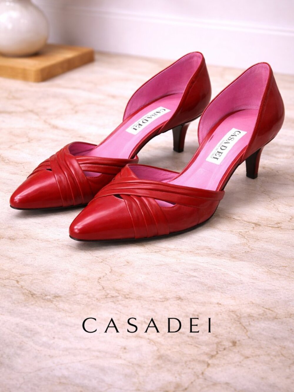 Casadei Vintage Red Patent Leather Heels 8.5/ 7 Kitten Heel Italy